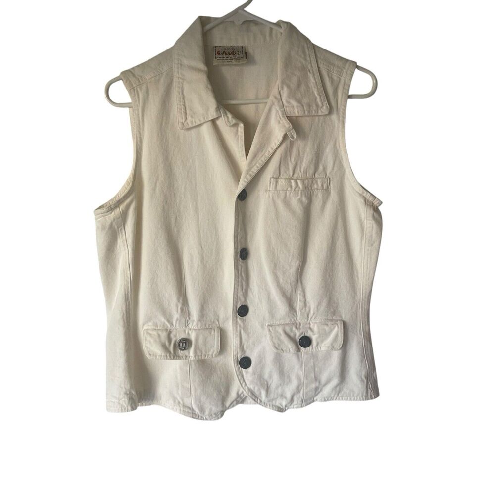 Chico's Cargo Vintage Size 1 Medium White Cotton Boho‎ Tropical Outdoor Vest
